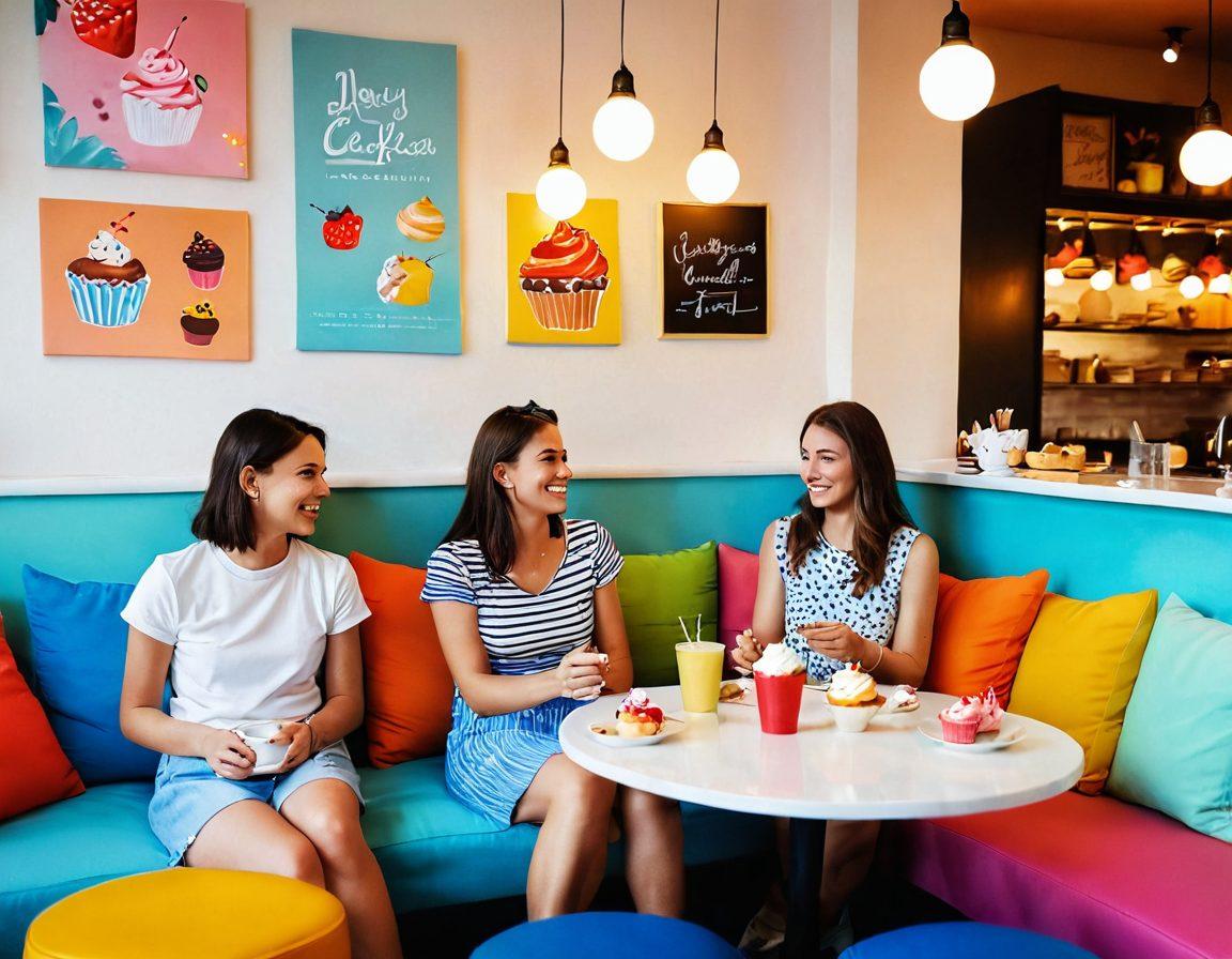 A cozy café interior filled with colorful cushions, where diverse groups of friends are laughing and enjoying desserts, subtly alluding to the theme of pleasure with playful decorations. A warm ambiance with soft lighting and whimsical art on the walls, depicting playful imagery of joy and fun experiences. The focus is on a table with cupcakes and a cheeky, cartoonish character symbolizing happiness. vibrant colors. super-realistic. soft focus.