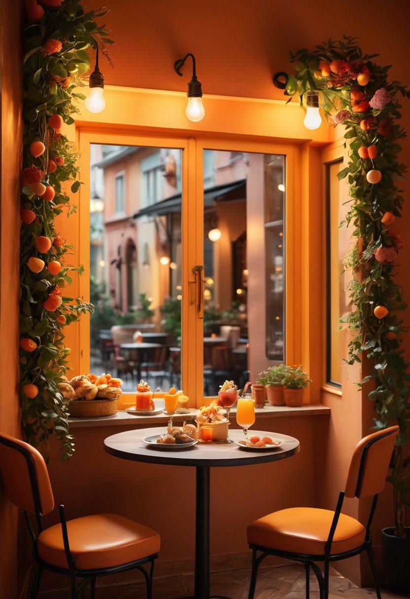 A cozy cafe setting with a warm ambiance, featuring a stylishly designed bistro table filled with colorful desserts and beverages. In the foreground, two playful silhouettes embodying joyful exploration and connection, subtly integrated into the scene. Soft, inviting lighting enhances the atmosphere, with whimsical decor elements like flowers and art on the walls. The overall color palette should be vibrant and inviting, suggesting a sense of joy and intimacy. super-realistic. warm colors. soft focus.