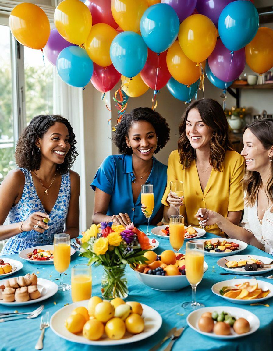 A vibrant brunch table filled with an array of colorful dishes and bottomless mimosas, surrounded by smiling friends enjoying each other's company. The atmosphere is light-hearted with playful decorations like balloons and streamers, and an inviting sunlight streaming through a nearby window. Incorporate whimsical illustrations of joy and pleasure subtly in the background, enhancing the theme of cheerful encounters. bright and colorful. 3D style.